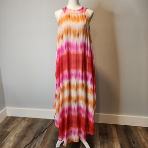 Wrapper Maxi Dress Women 2X Pink Orange Tie Dye Excellent Boho High-Low Halter